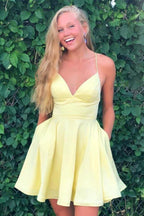 A-line Satin Fit and Flare Yellow Homecoming Dress with Pockets PD333 by pgmdress