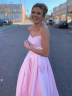 A Line Satin Floral Long Prom Dresses with Pockets Backless Formal Graduation Evening Gowns by BIZTUNNEL