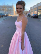 A Line Satin Floral Long Prom Dresses with Pockets Backless Formal Graduation Evening Gowns by BIZTUNNEL