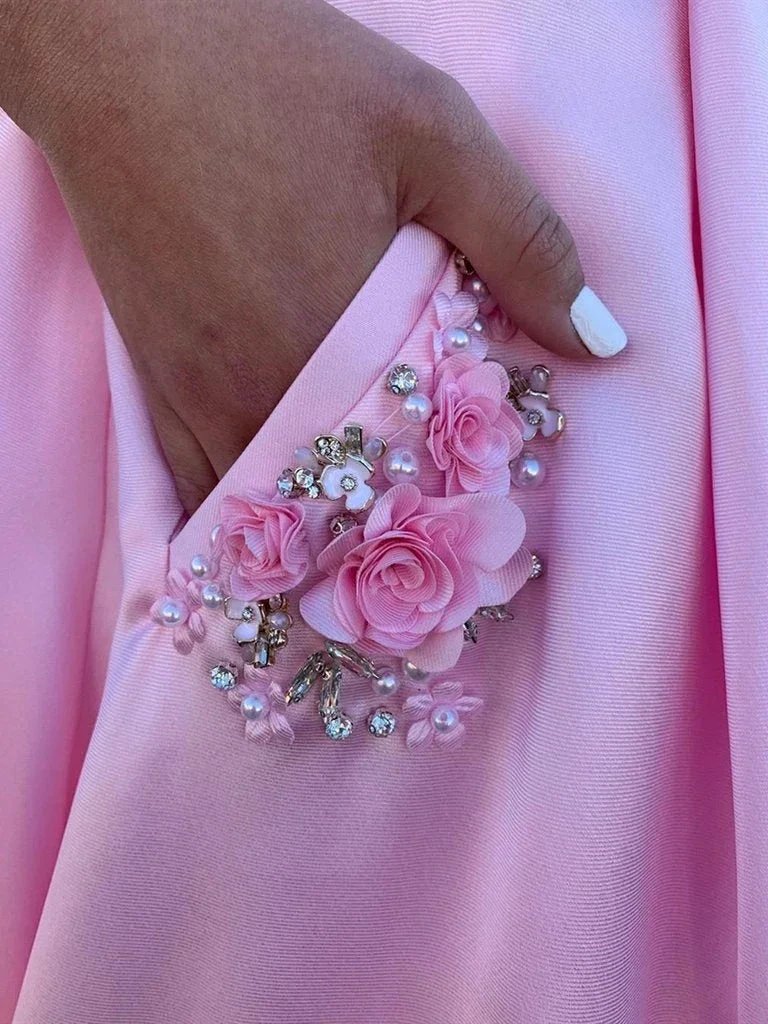 A Line Satin Floral Long Prom Dresses with Pockets Backless Formal Graduation Evening Gowns by BIZTUNNEL
