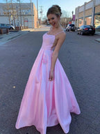 A Line Satin Floral Long Prom Dresses with Pockets Backless Formal Graduation Evening Gowns by BIZTUNNEL