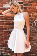 A-line Satin Sleeveless Tulle Beaded Homecoming Dress Short Prom Dress PD385 by pgmdress