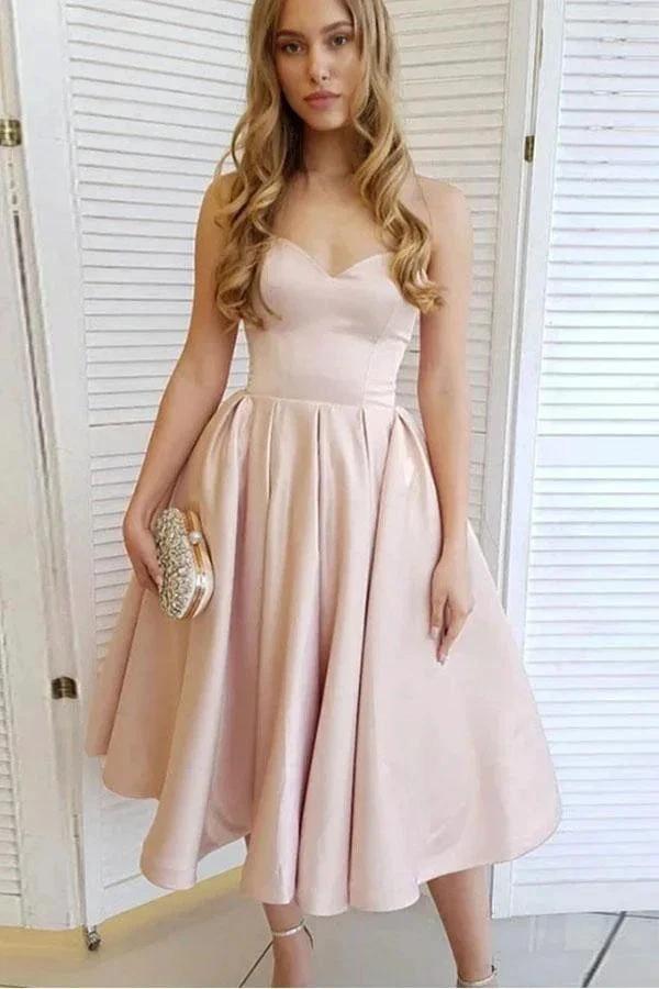 A-Line Satin Sweetheart Tea Length Homecoming Dress Short Prom Dress PD414 by pgmdress