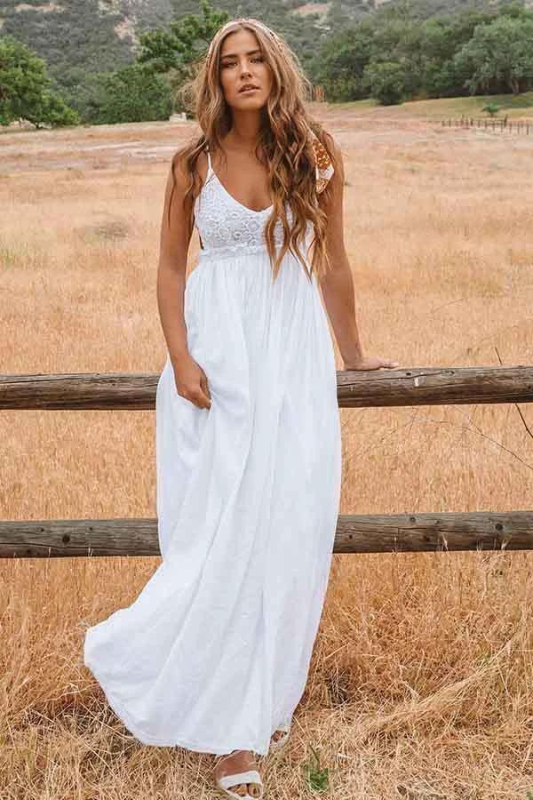 A-Line Scoop Backless Floor Length Beach Wedding Dress with Lace WD272 by pgmdress