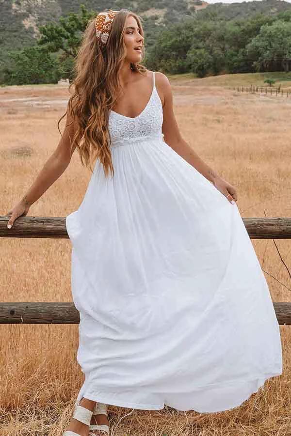 A-Line Scoop Backless Floor Length Beach Wedding Dress with Lace WD272 by pgmdress