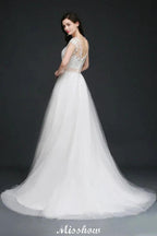 A-line Scoop Court Train Tulle Glamorous Wedding Dresses with Sash by misshow.com