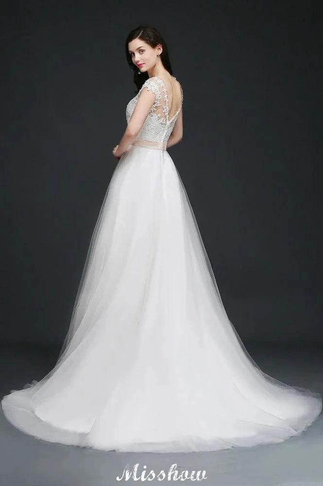 A-line Scoop Court Train Tulle Glamorous Wedding Dresses with Sash by misshow.com
