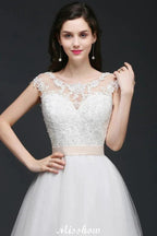 A-line Scoop Court Train Tulle Glamorous Wedding Dresses with Sash by misshow.com