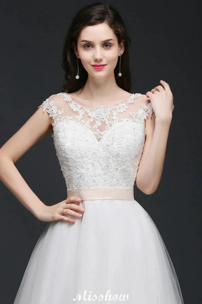 A-line Scoop Court Train Tulle Glamorous Wedding Dresses with Sash by misshow.com