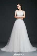 A-line Scoop Court Train Tulle Glamorous Wedding Dresses with Sash by misshow.com
