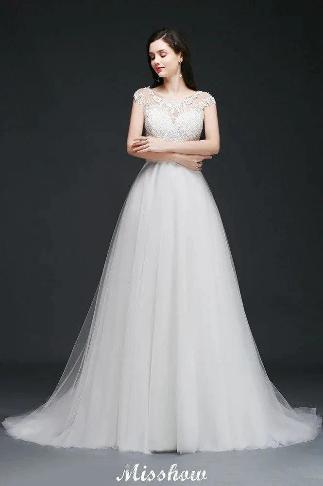 A-line Scoop Court Train Tulle Glamorous Wedding Dresses with Sash by misshow.com