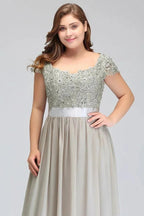 A-Line Scoop Floor Length Cap Sleeves Appliques Silver Evening Dresses with Sash by misshow.com