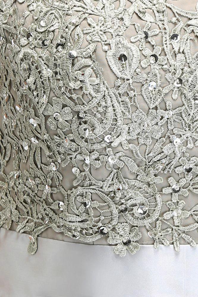A-Line Scoop Floor Length Cap Sleeves Appliques Silver Evening Dresses with Sash by misshow.com