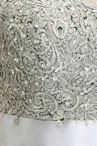 A-Linie U-Ausschnitt Bodenlang Flügelärmel Applikationen Silber Abendkleider mit Schärpe