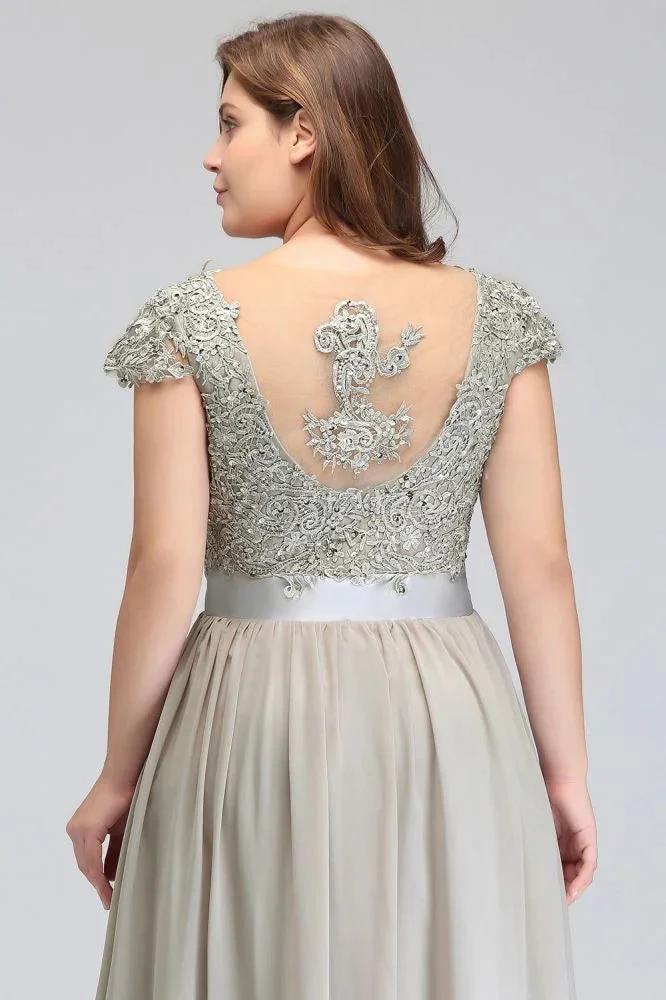 A-Line Scoop Floor Length Cap Sleeves Appliques Silver Evening Dresses with Sash by misshow.com