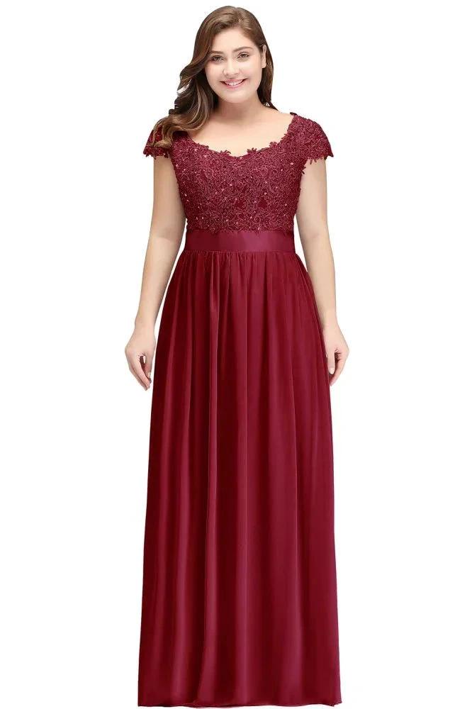 A-Line Scoop Floor Length Cap Sleeves Appliques Silver Evening Dresses with Sash by misshow.com