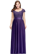 A-Line Scoop Floor Length Cap Sleeves Appliques Silver Evening Dresses with Sash by misshow.com