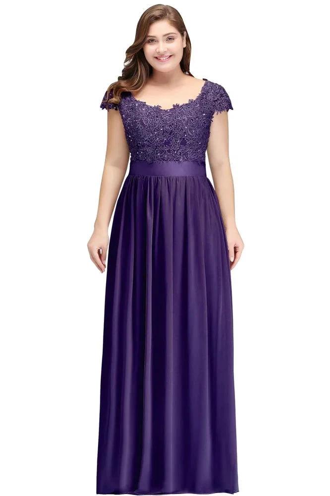 A-Line Scoop Floor Length Cap Sleeves Appliques Silver Evening Dresses with Sash by misshow.com
