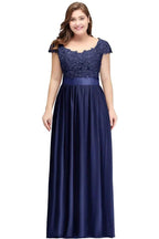 A-Line Scoop Floor Length Cap Sleeves Appliques Silver Evening Dresses with Sash by misshow.com