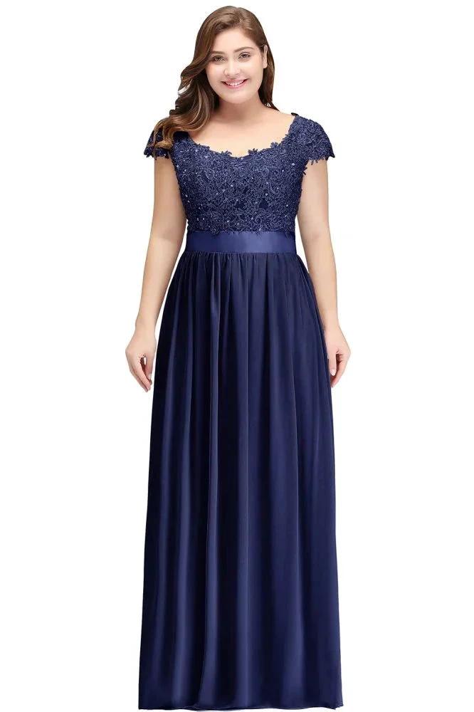 A-Line Scoop Floor Length Cap Sleeves Appliques Silver Evening Dresses with Sash by misshow.com