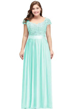 A-Line Scoop Floor Length Cap Sleeves Appliques Silver Evening Dresses with Sash by misshow.com