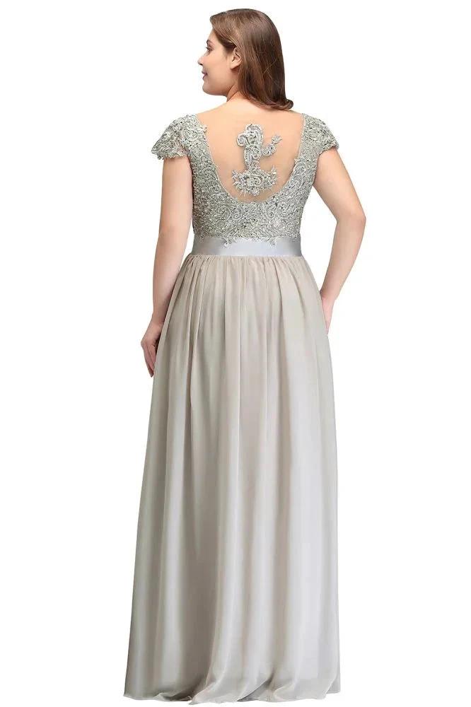 A-Line Scoop Floor Length Cap Sleeves Appliques Silver Evening Dresses with Sash by misshow.com