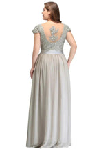 A-Line Scoop Floor Length Cap Sleeves Appliques Silver Evening Dresses with Sash by misshow.com