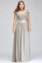 A-Line Scoop Floor Length Cap Sleeves Appliques Silver Evening Dresses with Sash by misshow.com