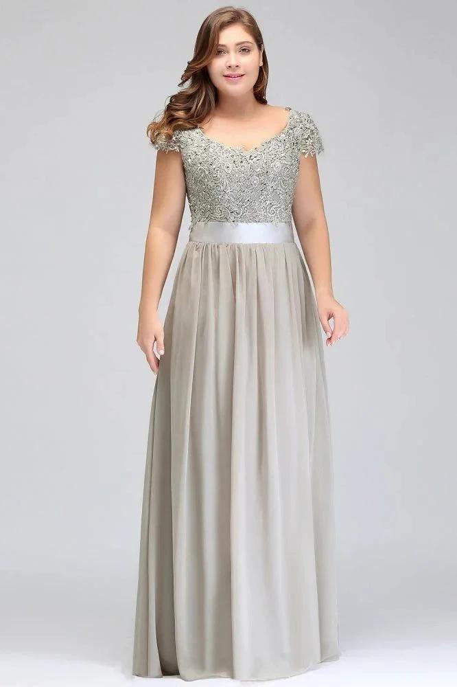 A-Line Scoop Floor Length Cap Sleeves Appliques Silver Evening Dresses with Sash by misshow.com