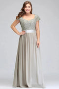 A-Line Scoop Floor Length Cap Sleeves Appliques Silver Evening Dresses with Sash by misshow.com