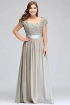 A-Line Scoop Floor Length Cap Sleeves Appliques Silver Evening Dresses with Sash by misshow.com