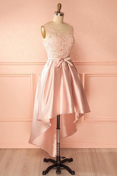 A-Line Scoop High Low Pink Satin Homecoming Dress With Appliques PD120 Main Image