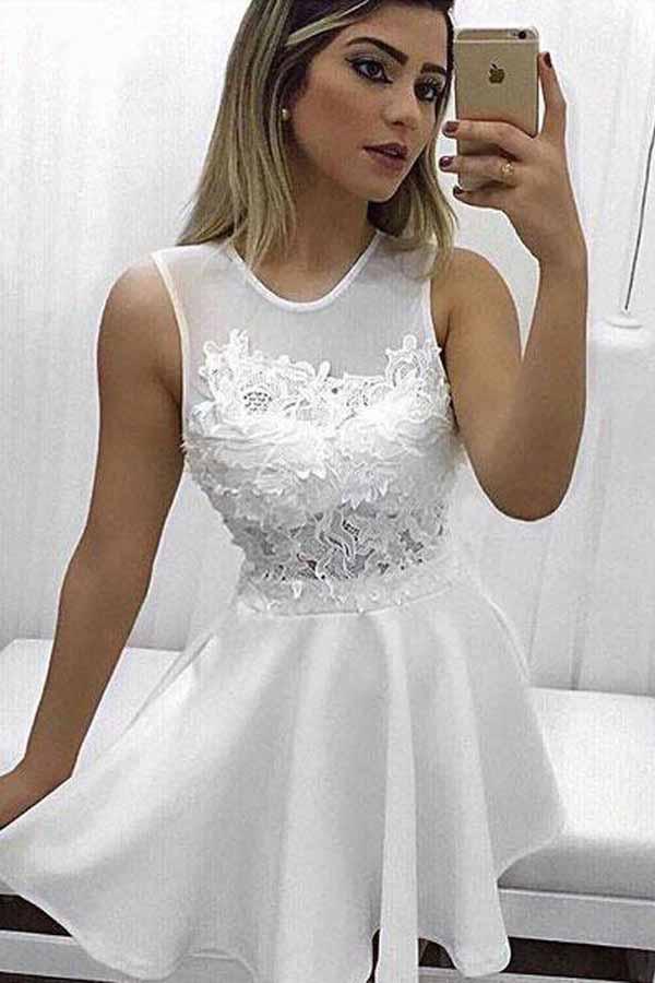 A-line Scoop Lace Appliqued Little White Dresses Homecoming Dresses PD168 Hover Image