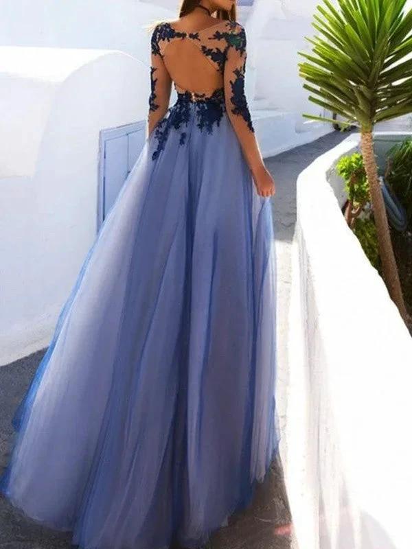 A-Line Scoop Long Sleeves Floor-Length With Applique Tulle Prom Dresses by misshow.com