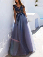 A-Line Scoop Long Sleeves Floor-Length With Applique Tulle Prom Dresses by misshow.com