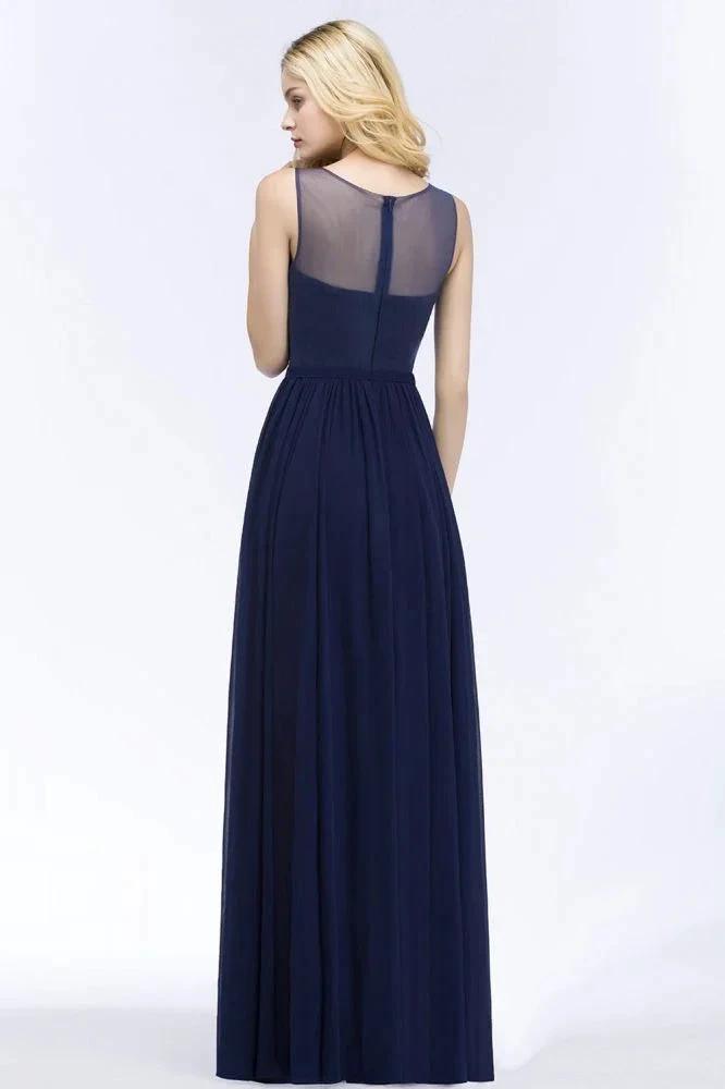 A-line Scoop Neck Bridesmaid Dress Chiffon Appliques Floor-Length Evening Maxi Gown Sleeveless by misshow.com