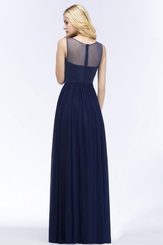 Vestido de dama de honor de corte A con escote redondo, de gasa, con apliques, largo hasta el suelo, vestido de noche largo sin mangas