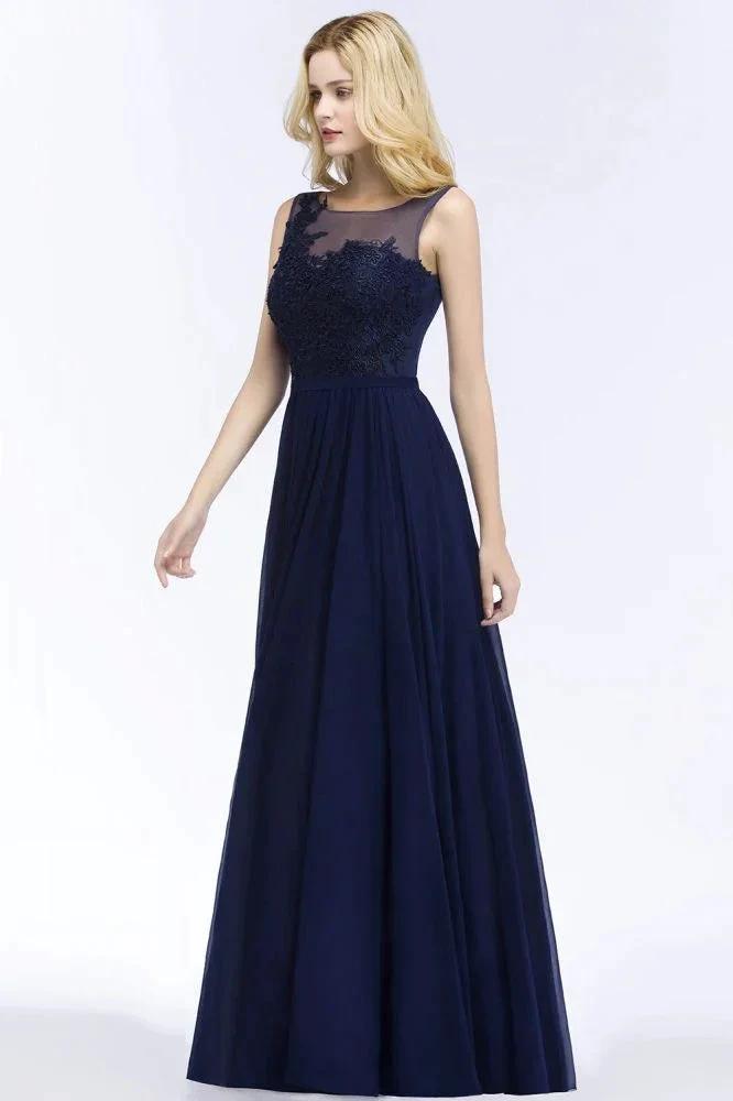 A-line Scoop Neck Bridesmaid Dress Chiffon Appliques Floor-Length Evening Maxi Gown Sleeveless by misshow.com