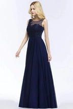 A-line Scoop Neck Bridesmaid Dress Chiffon Appliques Floor-Length Evening Maxi Gown Sleeveless by misshow.com