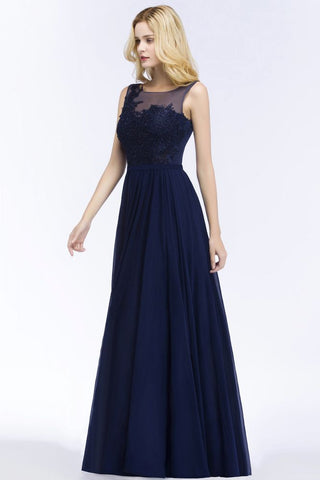 Vestido de dama de honor de corte A con escote redondo, de gasa, con apliques, largo hasta el suelo, vestido de noche largo sin mangas