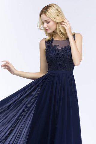 Vestido de dama de honor de corte A con escote redondo, de gasa, con apliques, largo hasta el suelo, vestido de noche largo sin mangas