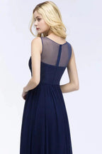 A-line Scoop Neck Bridesmaid Dress Chiffon Appliques Floor-Length Evening Maxi Gown Sleeveless by misshow.com