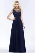 A-line Scoop Neck Bridesmaid Dress Chiffon Appliques Floor-Length Evening Maxi Gown Sleeveless by misshow.com