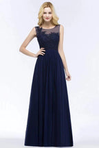 A-line Scoop Neck Bridesmaid Dress Chiffon Appliques Floor-Length Evening Maxi Gown Sleeveless by misshow.com