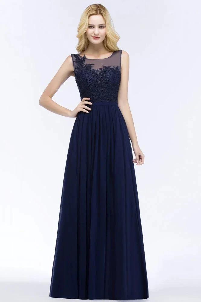 A-line Scoop Neck Bridesmaid Dress Chiffon Appliques Floor-Length Evening Maxi Gown Sleeveless by misshow.com