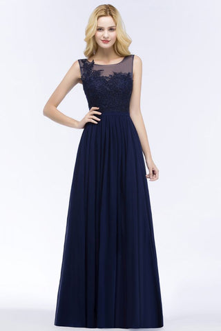 Vestido de dama de honor de corte A con escote redondo, de gasa, con apliques, largo hasta el suelo, vestido de noche largo sin mangas