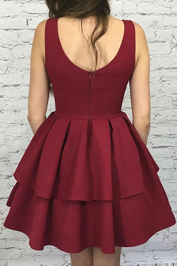 A-Line Scoop Short Burgundy Tiered Elastic Satin Homecoming Dress PG193 by pgmdress