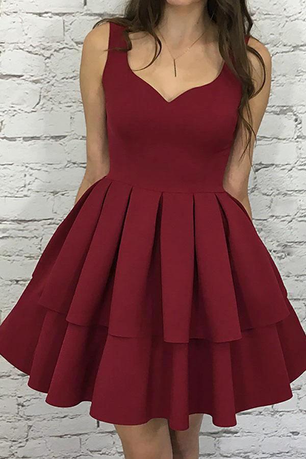 A-Line Scoop Short Burgundy Tiered Elastic Satin Homecoming Dress PG193 by pgmdress