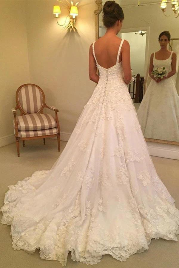 A-line Scoop Sweep Train Sleeveless Wedding Dress with Appliques WD218 by pgmdress