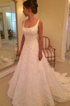 A-line Scoop Sweep Train Sleeveless Wedding Dress with Appliques WD218 by pgmdress